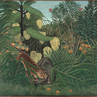 A toupee-wearing tiger is chowing down hard on an ill-fated buffalo in this classic by the French artist Henri Rousseau. The buffalo’s expression is eerily complacent, as if he has already accepted his death beneath bunches and bunches of bananas. Although this painting isn’t currently on display, it might be back up the next time you pay a visit to the museum.
