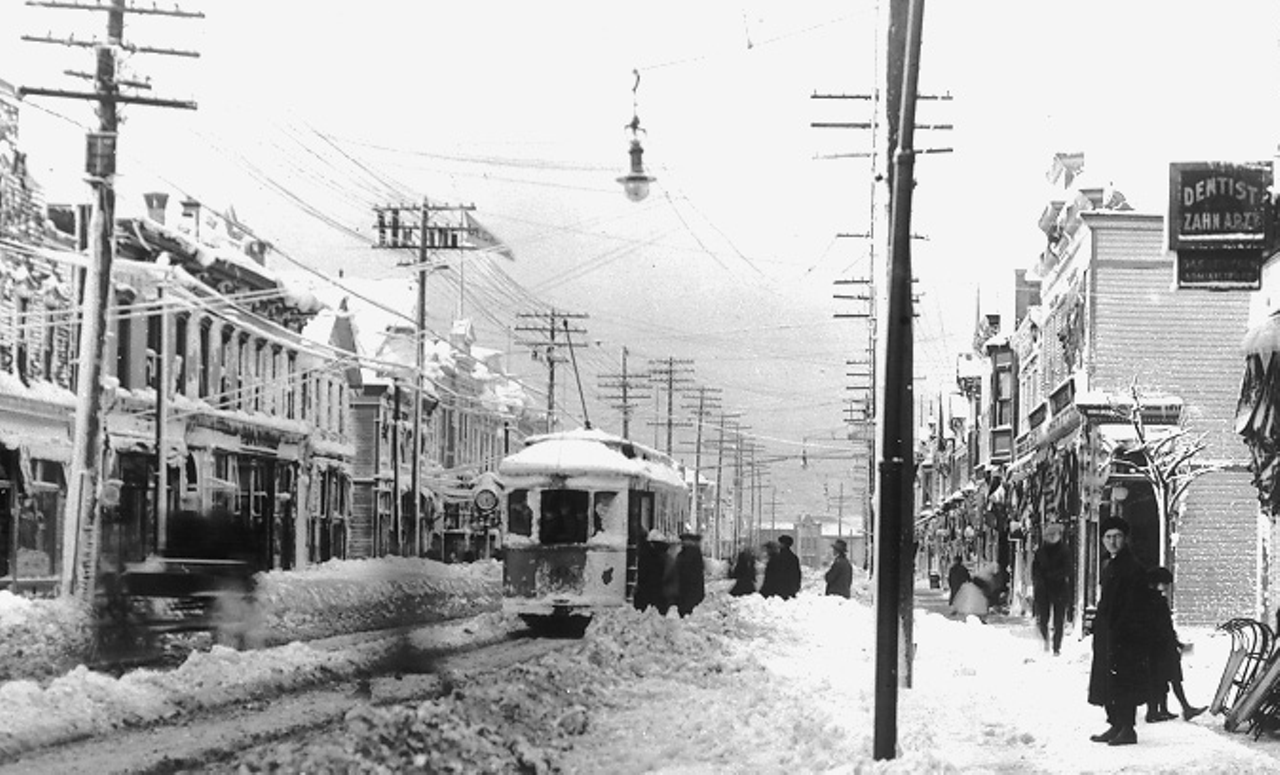 An early winter blizzard swept through northeast Ohio in November of 1913. Here, heavy snowfall impedes traffic in downtown Cleveland.