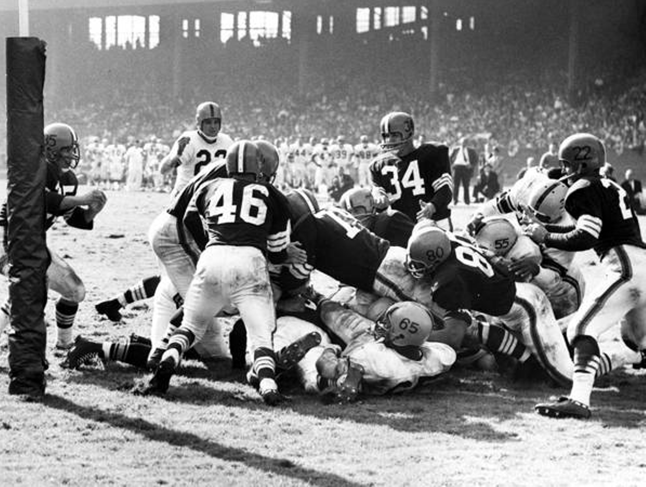 Cleveland Browns vs. Pittsburgh Steelers- 1960
"4th Qtr: Tom Tracy (can't be seen) is stopped by whole Browns line short of TD. Browns held Pitt on next play. This was a key stop for the Browns defense."