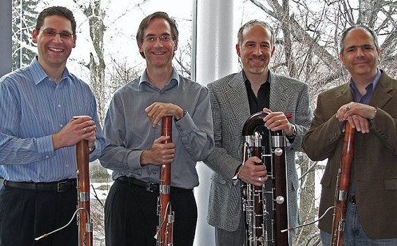Cleveland Orchestra bassoonists Barrick Stees and Jonathan Sherwin are flanked by Oberlin College and University of Kansas bassoonists George Sakakeeny and Eric Stomberg