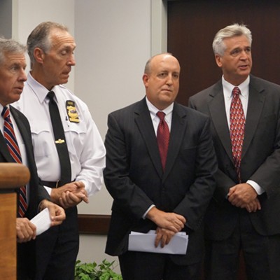 (from left to right): Euclid mayor Bill Cervenik, county prosecutor Tim McGinty, Cleveland police chief Mike McGrath, FBI special agent Stephen Anthony, Ohio High Intensity Drug Trafficking Area director Derek Siegle
