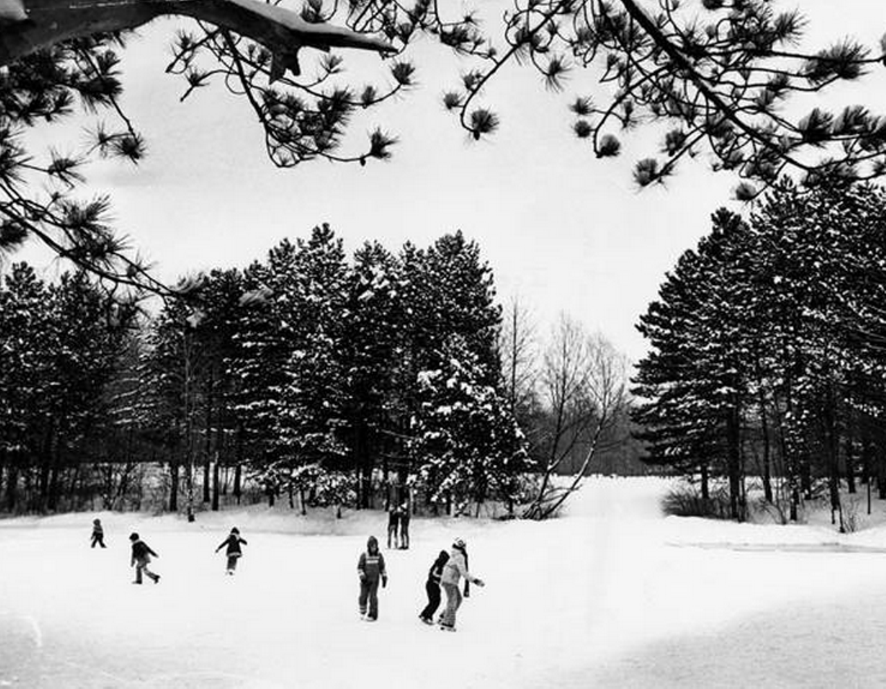 Ice skating on Strawberry Lane Pond in the North Chagrin Reservation of the Cleveland Metroparks, 1978.