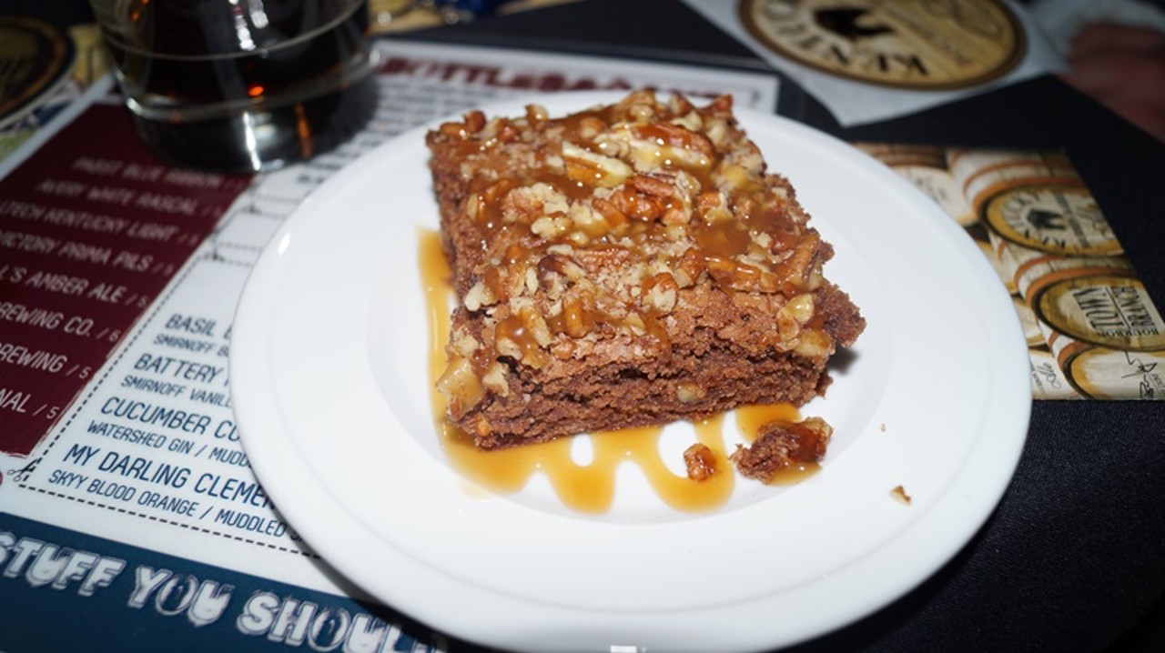 Kentucky Bourbon Barrel Stout brownies topped with caramelized pecans