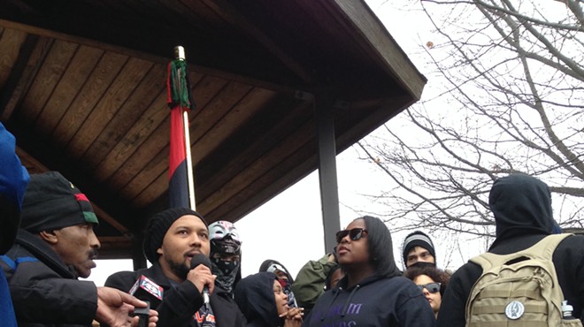 Charles Wade, speaking to gathered protesters Saturday morning at Cudell Rec Center.