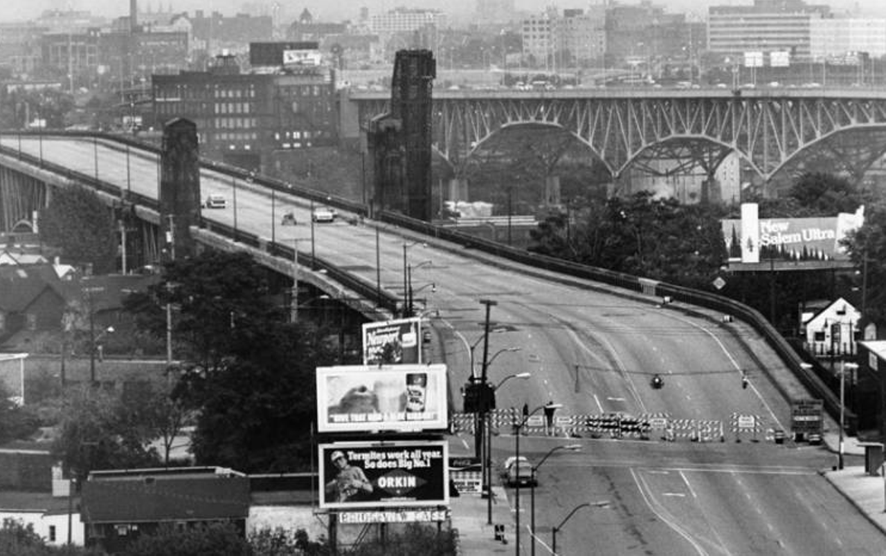 Lorain-Carnegie Bridge from the West Side Market, 1980.