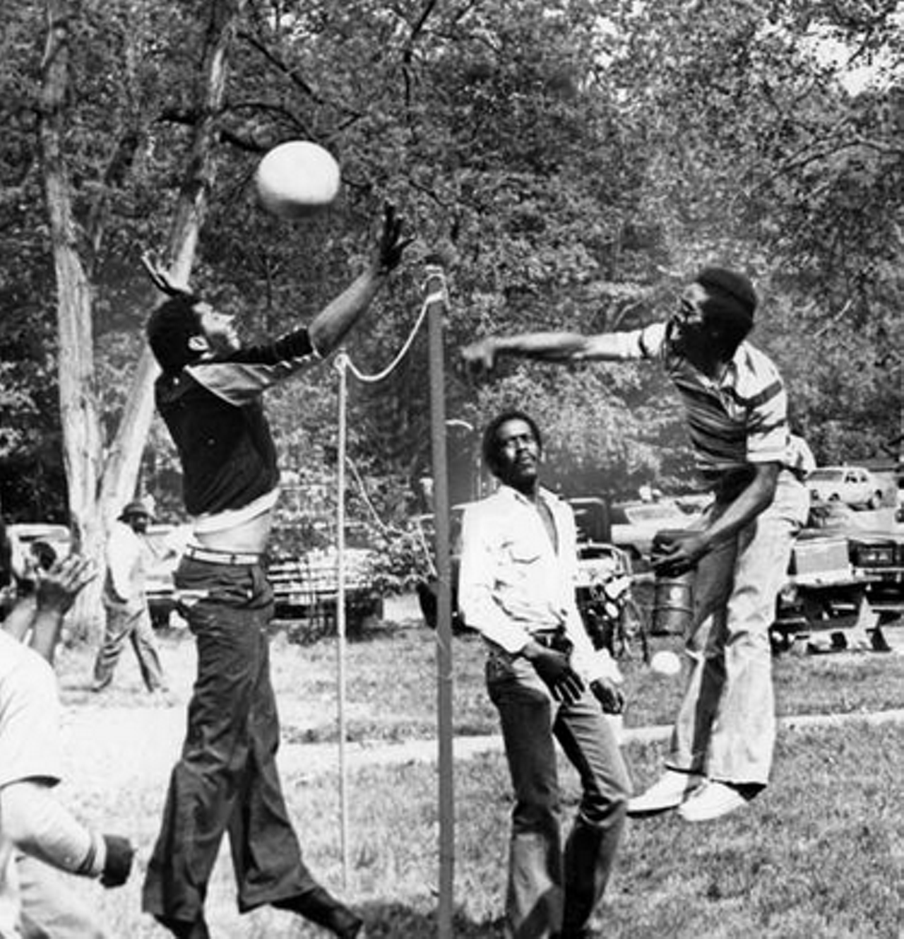 Playing volleyball in the Metroparks off Highland Road, 1980
