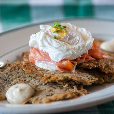 The smoked salmon and lakes at Beachland Ballroom's brunch is cooler than the live DJ. Thinly sliced smoked salmon rest on top of potato pancakes and topped of with poached eggs. Beachland Ballroom is located at 15711 Waterloo Rd. Call 216-383-1124 or visit beachlandballroom.com for more information.