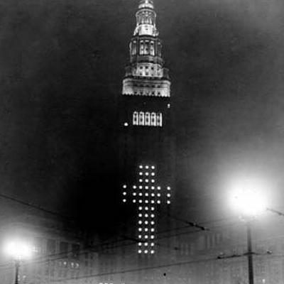The Terminal Tower lights up for the holidays, 1938.