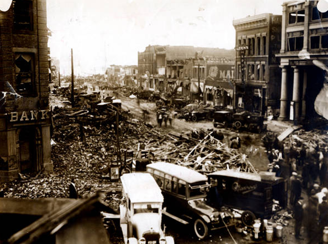 The view looking north on Broadway and Lorain Avenue after a tornado struck on June 28, 1924. More than 200 businesses in downtown Lorain were destroyed, eight people were killed, and dozens more were injured.