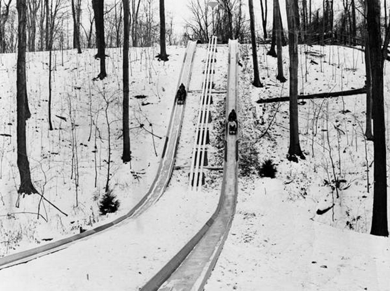Toboggan chutes at Mill Stream Run, 1968.
