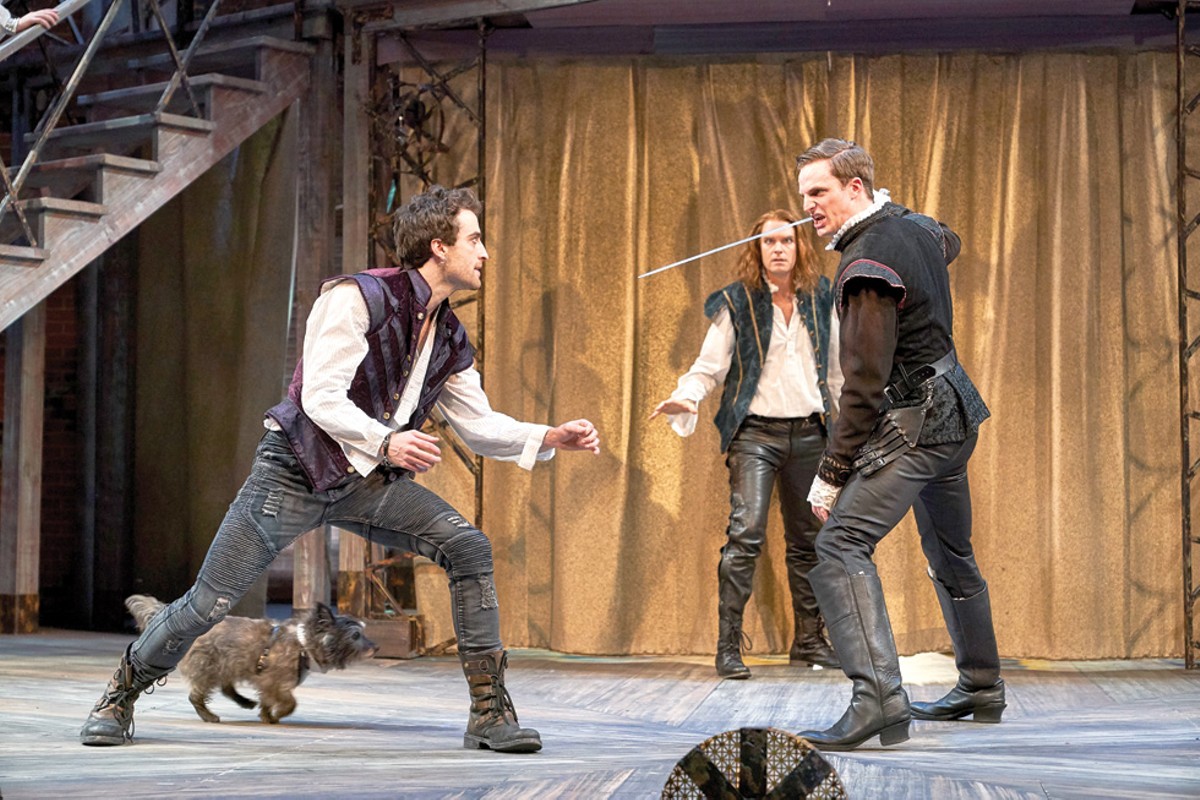Foreground left to right: Charlie Thurston (Will Shakespeare), Nigel the Dog (Spot), Peter Hargrave (Lord Wessex). Background: Grant Goodman (Ned Alleyn).