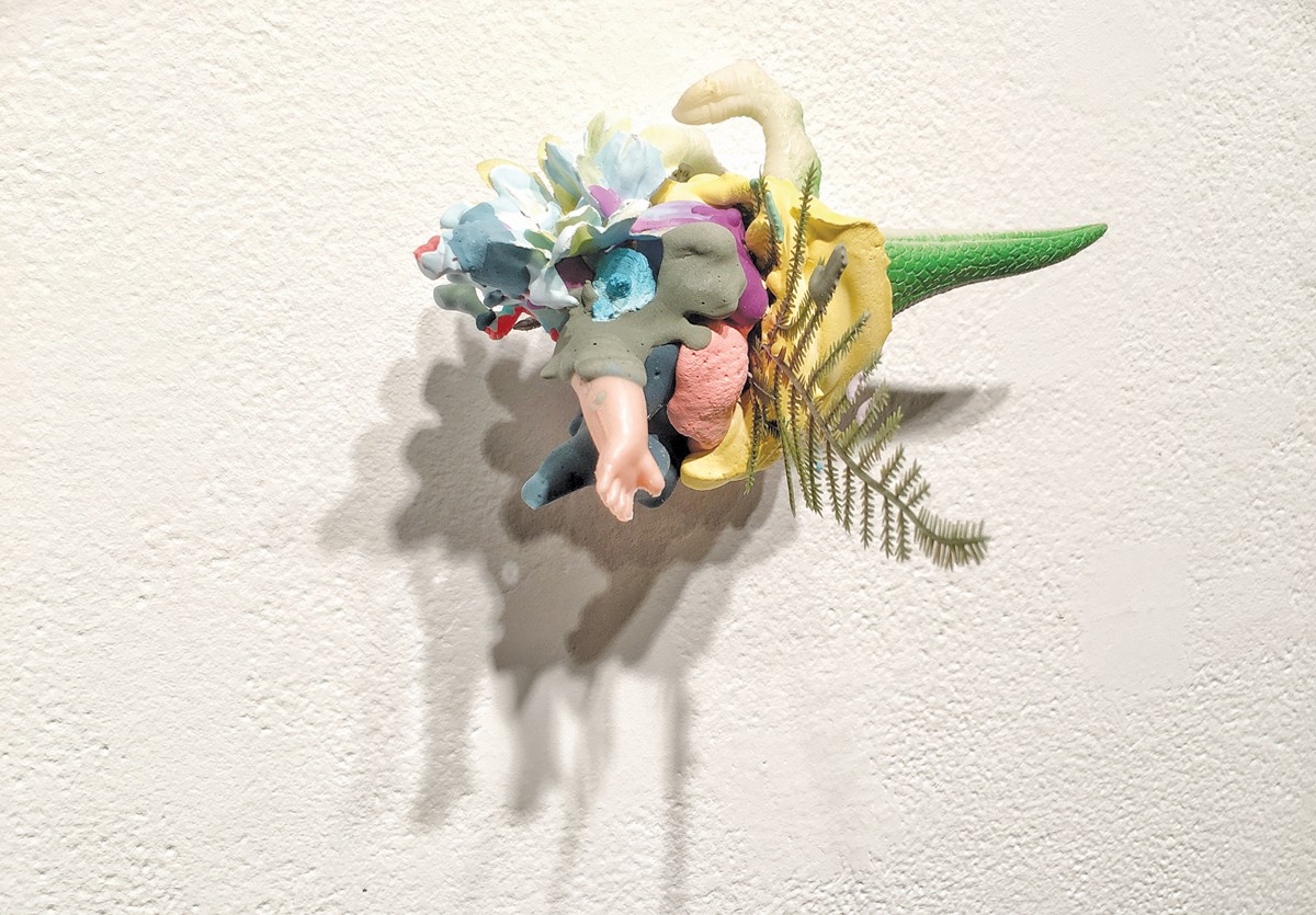 Elizabeth Emery’s plaster and mixed-media work, “marker of a long time.”