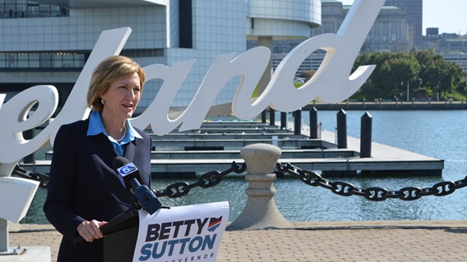 Betty Sutton speaks in downtown Cleveland about her advancing gubernatorial campaign.
