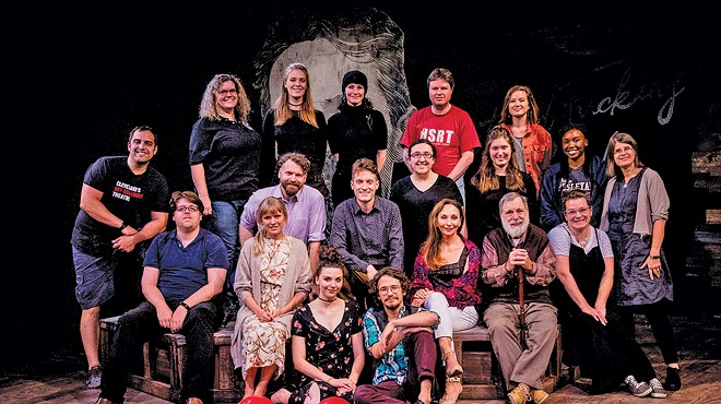 The Dobama staff and cast of Stupid F**king Bird share the stage before the opening night of their landmark 60th season. Artistic director Nathan Motta is far left, in the T-shirt.