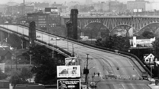 Lorain-Carnegie Bridge from the West Side Market, 1980.