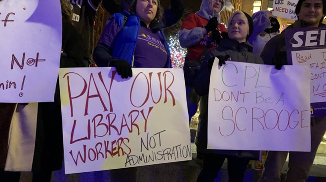 SEIU and community members rally for library workers on Public Square, (12/13/19).