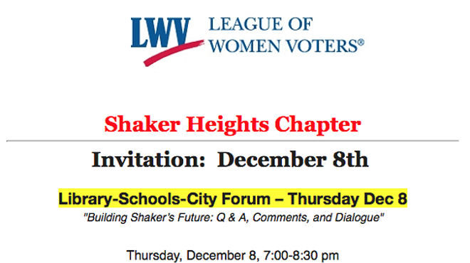 Image: Shaker Library-Schools-City Forum &ndash; Thursday Dec 8 Building Shaker&rsquo;s Future: Q & A, Comments, and Dialogue