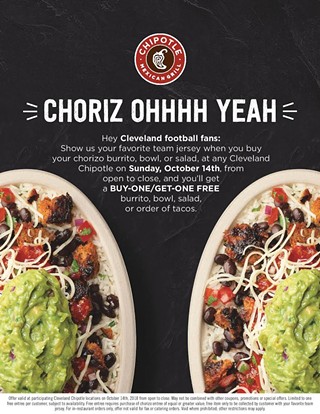 Oct 14: Football Fans Score BOGO Chipotle with any Chorizo order in Cleveland!