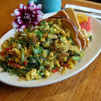 Vegetarians unite! The canoewreck at Lucky's Cafe is not to be missed. Curried tofutossed with seasonal vegetables and served with hash browns. Lucky's Cafe is located at 777 Starkweather. Call 216-622-7773 or visit luckyscafe.com for more information.