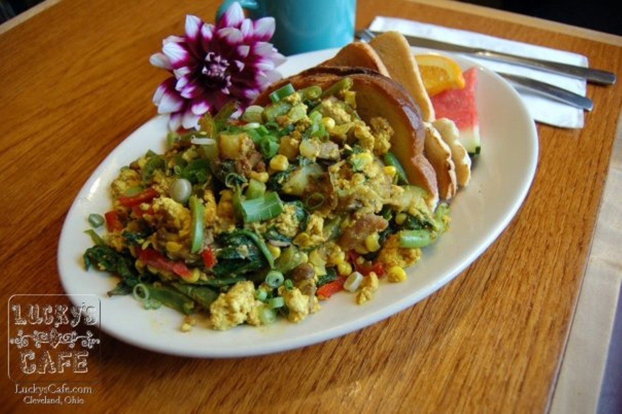 Vegetarians unite! The canoewreck at Lucky's Cafe is not to be missed. Curried tofu
tossed with seasonal vegetables and served with hash browns. Lucky's Cafe is located at 777 Starkweather. Call 216-622-7773 or visit luckyscafe.com for more information.
