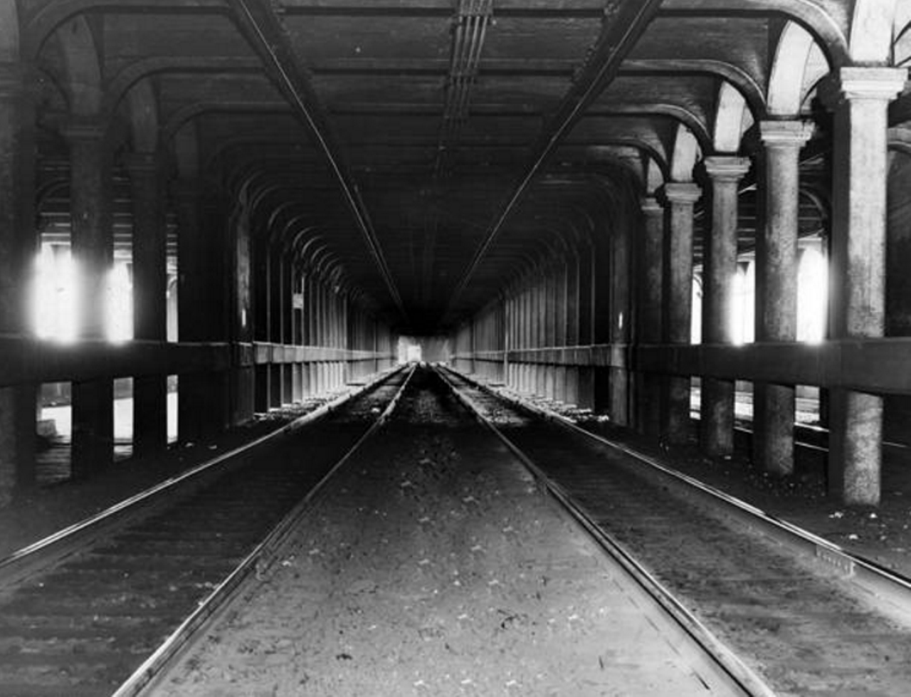 A view of the Detroit - Superior Bridge underpass "ghost lanes," 1939.
