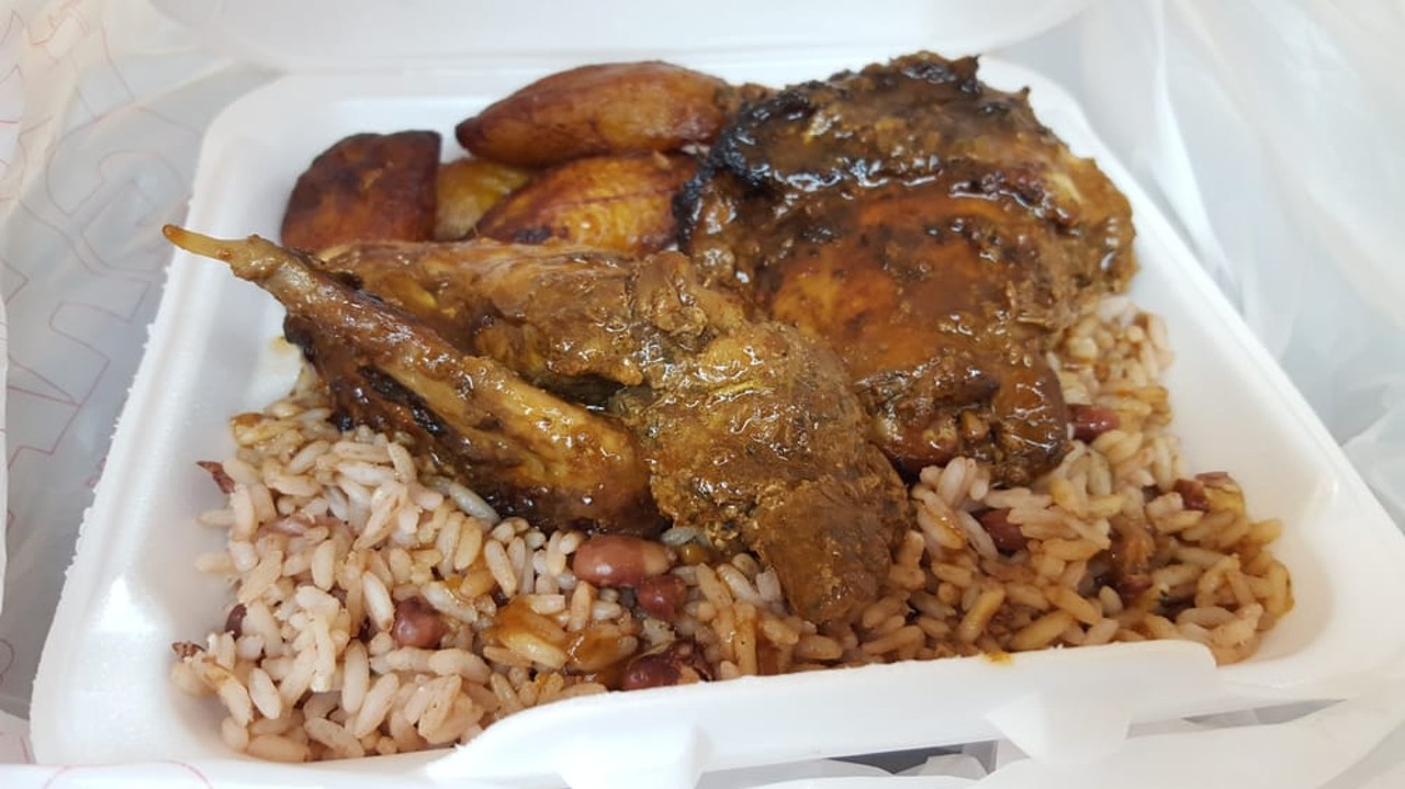 Plaintain, rice and peas and chicken - Irie Patties Caribbean Street Food, Richmond Town Square, 440-684-9997