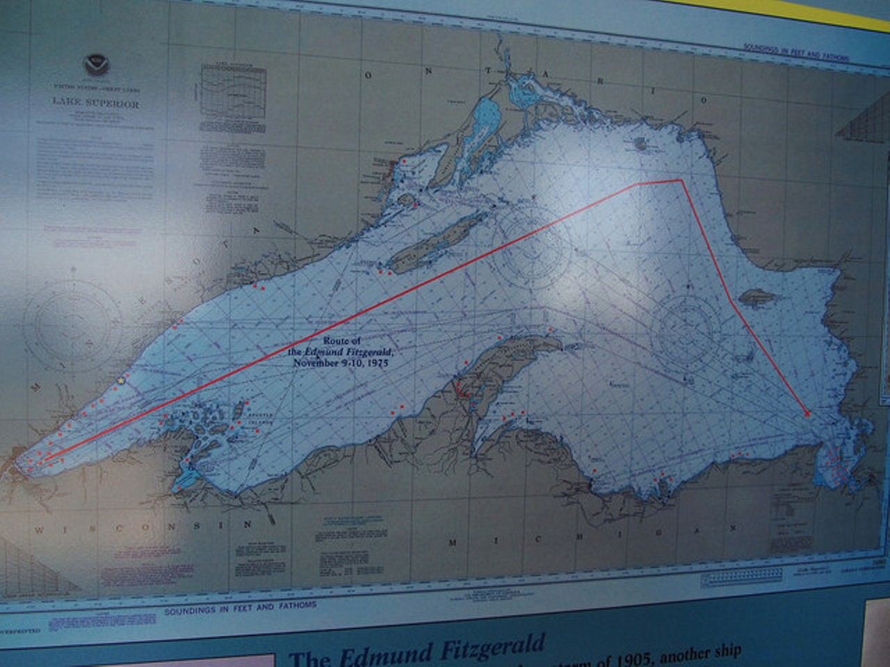 The route Edmund Fitz took n November 10, as displayed by the Split Rock Lighthouse Museum. Photo courtesy of Flickr Creative Commons user Jasperdo
