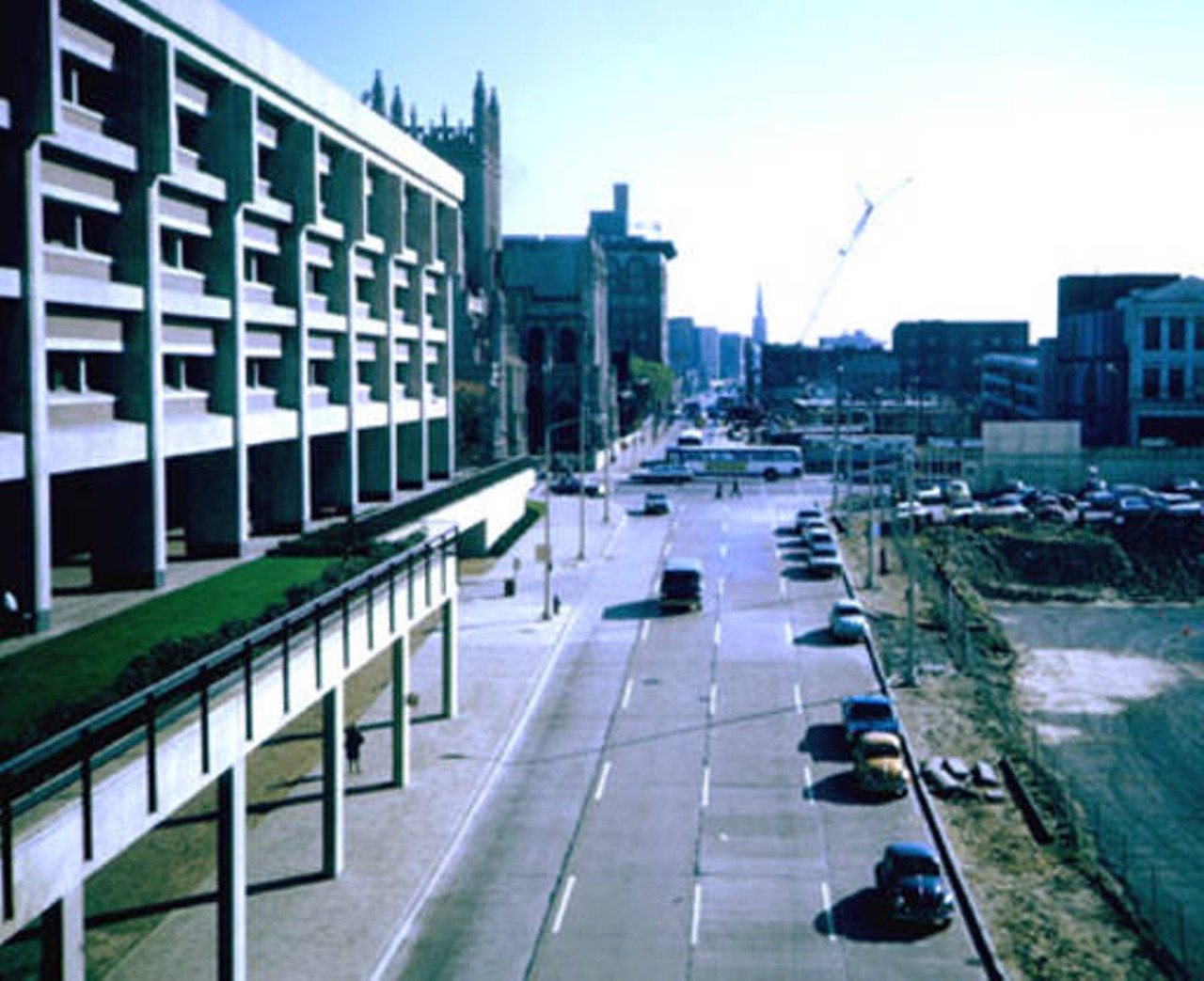 Cleveland State University, exterior view of East 22nd Street towards South. Also seen in image is the Main Classroom Building. 1971