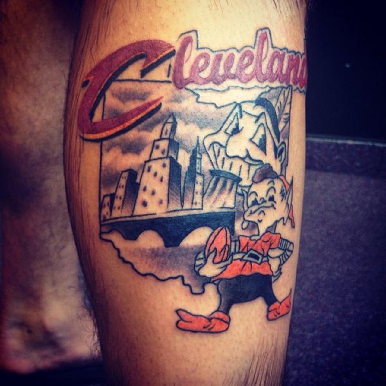 This tattoo encompasses what it means to be a Cleveland sports fan. The use of color and black and white ink makes this tat pop (Photo courtesy of Instagram user @MarronMatt).