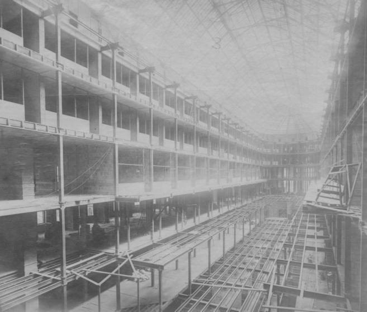 Looking from the Euclid Avenue side toward the Superior Avenue side during construction. Designed by Architects George H. Smith and John Eisenmann, the Arcade opened in 1890. c. 1899