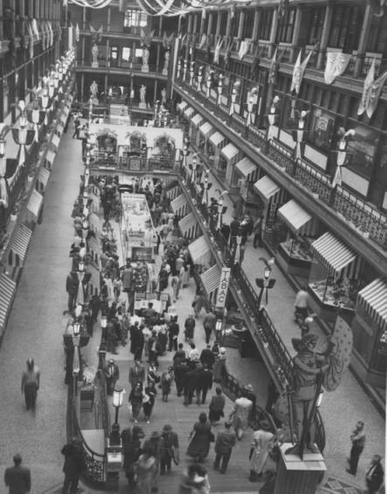 Interior view of the Arcade, looking from the Euclid Avenue end toward Superior Avenue. c. 1959