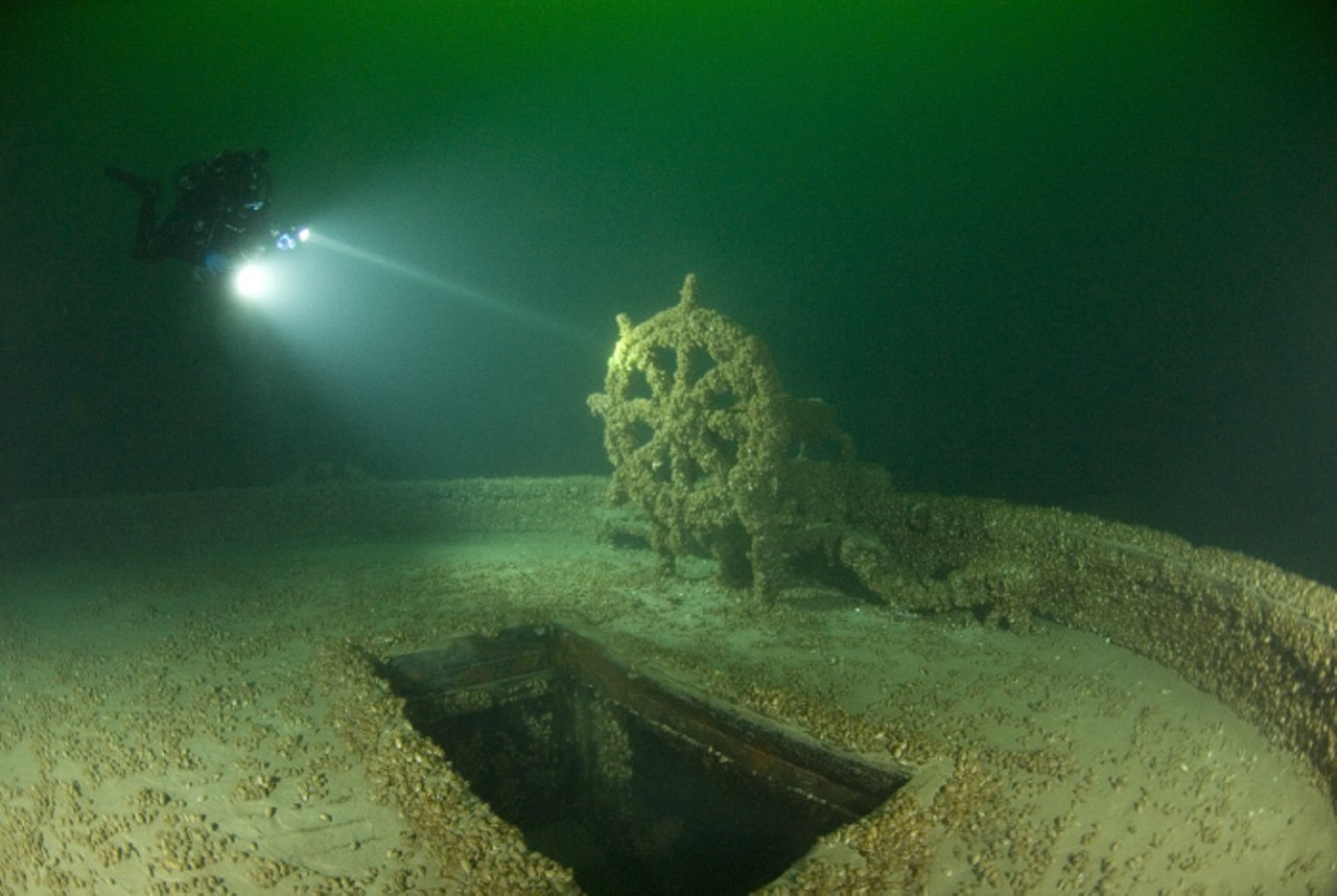 This unidentified barge rests about  145ft below the surface of Lake Erie. Photo credit: V. Dekina