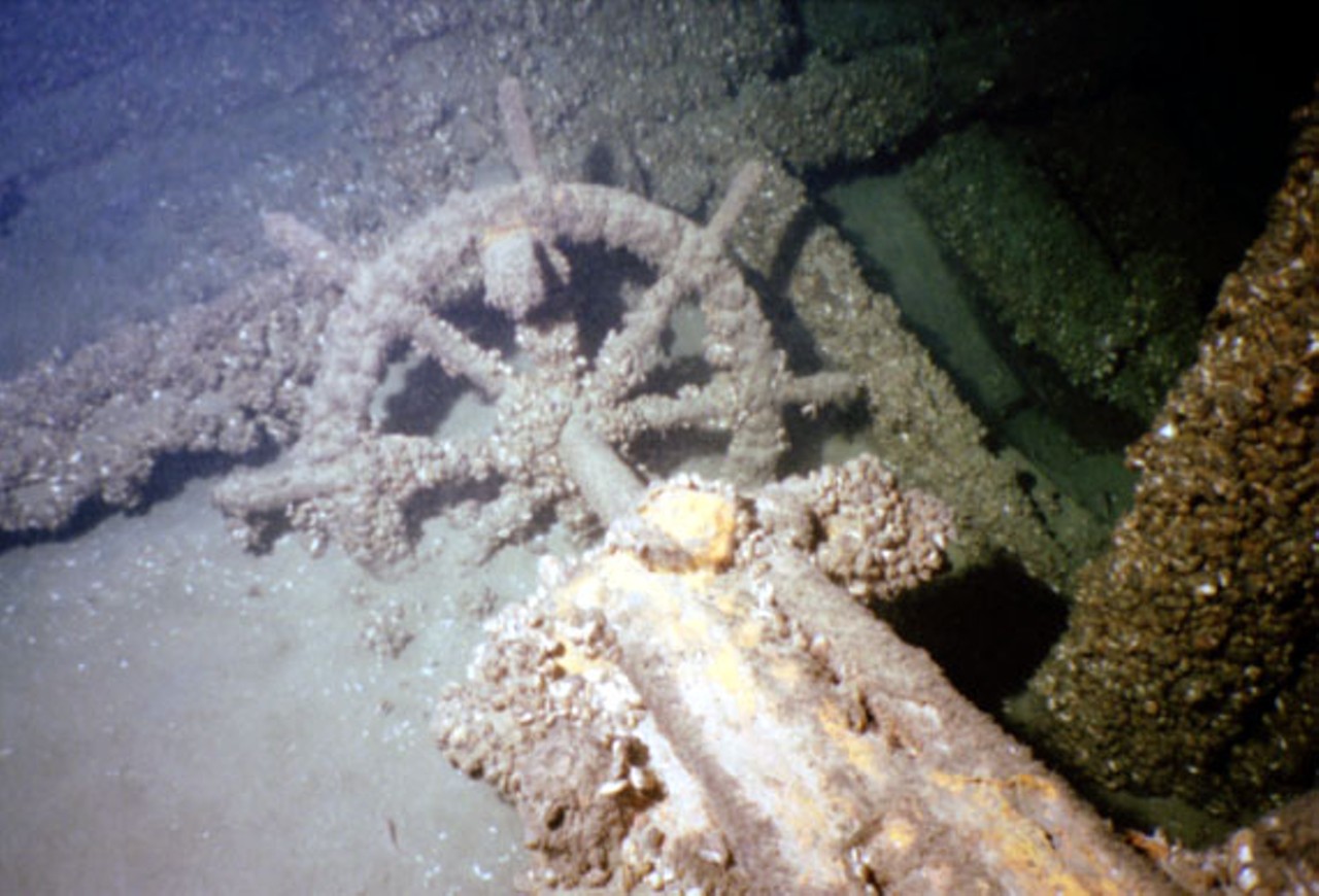 The wheel of the George Finnie which was discovered 90 feet below the lake's surface in 2000. Photo credit: V. Dekina
