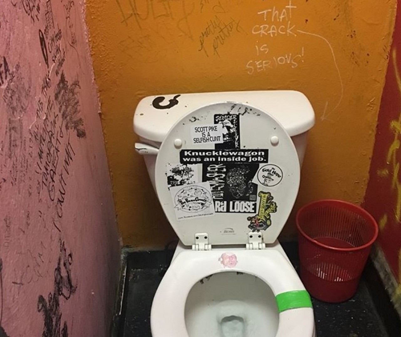 Now That&#146;s Class
11213 Detroit Ave., 216-221-8576
Bright walls, punk stickers and flowers fill this bathroom. It&#146;s easy to enjoy your trip to the toilet when everything&#146;s decorated as heavily as the bathroom in Now That&#146;s Class.
Photo via bathroomsofcleveland/Instagram