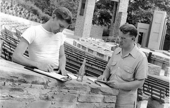 Gary Gaiser and Sydney H. Spayde compare notes at the Cain Park Amphitheater, 1939.