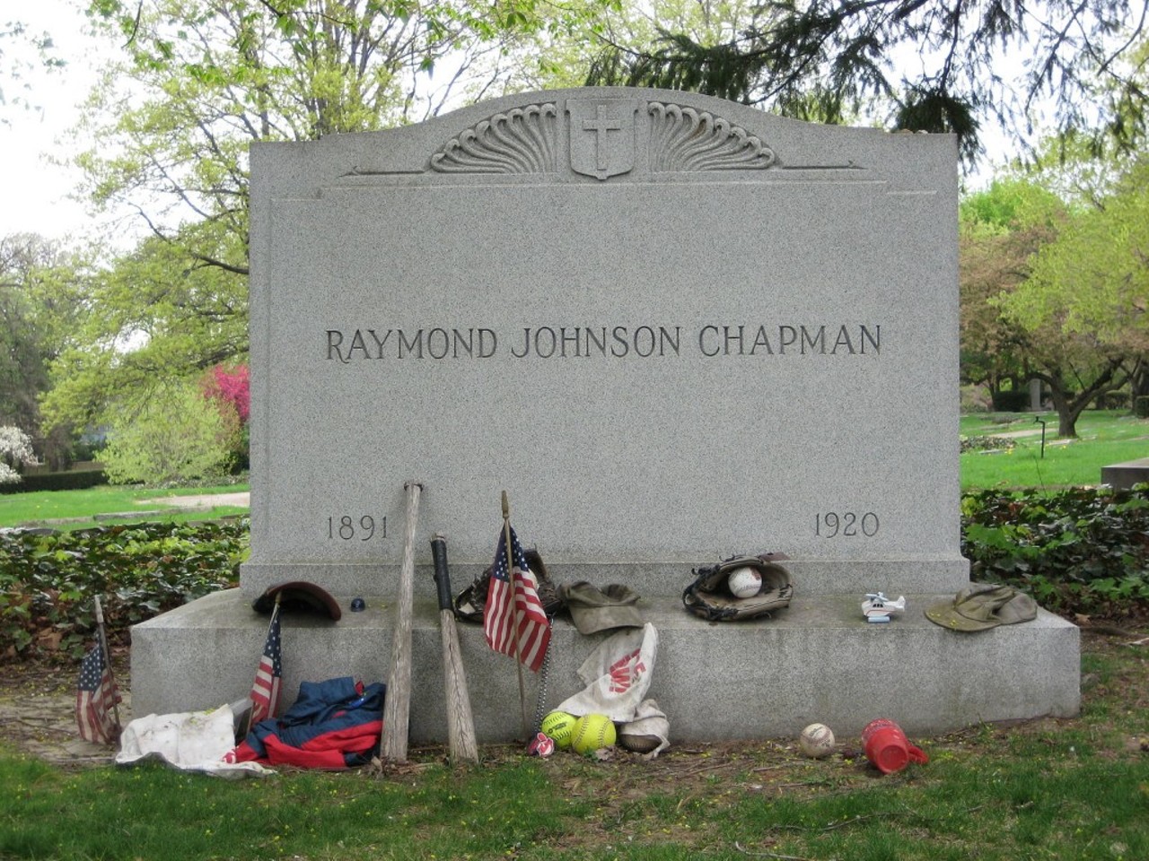 Raymond Johnson Chapman (1891-1920) - Lakeview Cemetery
Raymond was a Cleveland Indians' shortstop, and the only player in Major League history to die from being hit by a pitch. Today, his gravestone is adorned with baseball memorabilia. (Photo via Wikimedia)