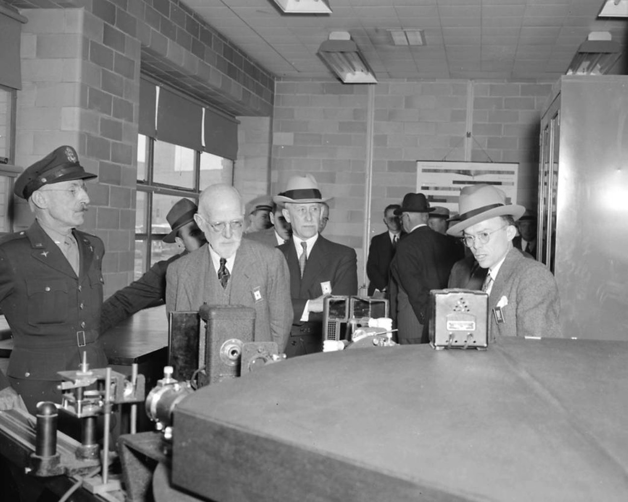 Colonel E.R. Page, William F. Durand, Orville Wright, Addison M. Rothrock visit the Aircraft Engine Research Laboratory in Cleveland, Ohio, on dedication day, May 20, 1943.