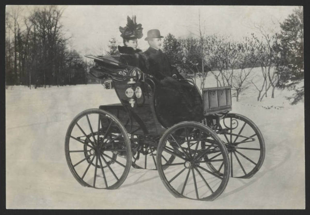 Mr. and Mrs. Walter C. Baker in a Wood's Electric in Wade Park, Cleveland, winter of 1897-1898.
