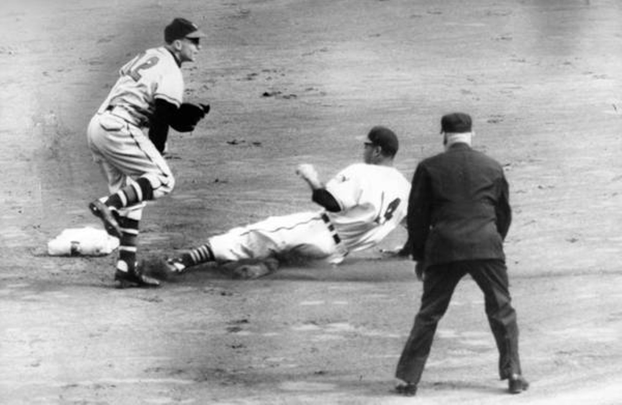 Cleveland Indian Larry Doby slides into 2nd base and is called out in the third game of the 1948 World Series