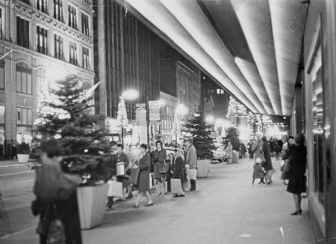 Evening Christmas shoppers downtown on Euclid Avenue, 1967.