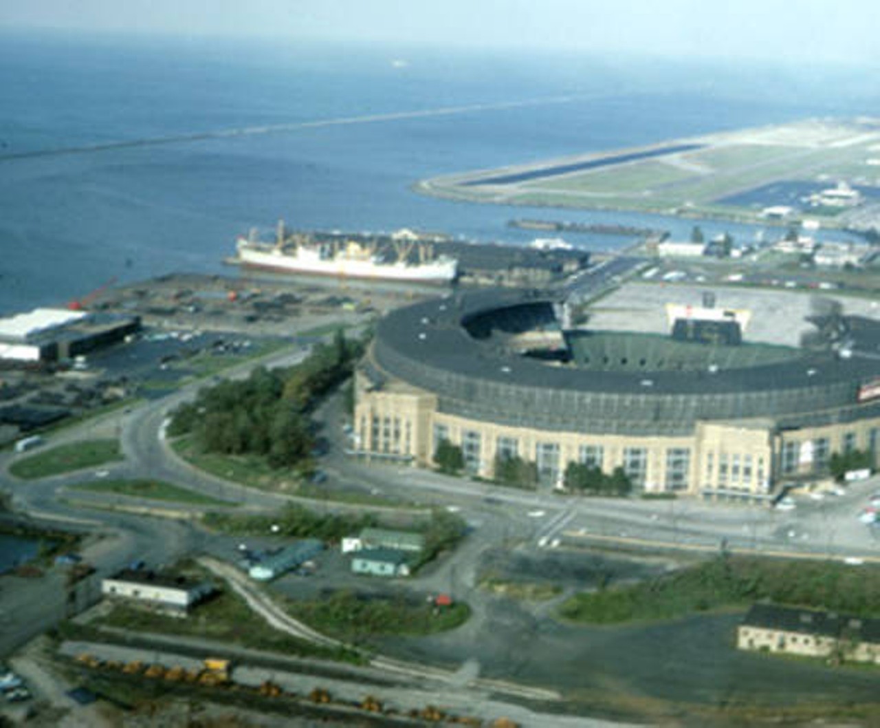 Cleveland Municipal Stadium, exterior Aerial view towards East. 1966