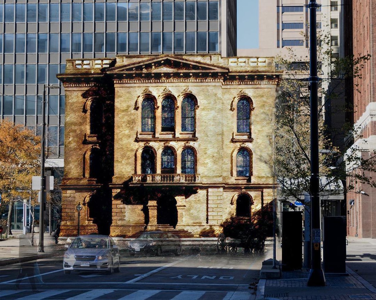 Cleveland, 1876/2016 - Third Cuyahoga County Courthouse (torn down in 1935) in the northwest corner of Public Square.