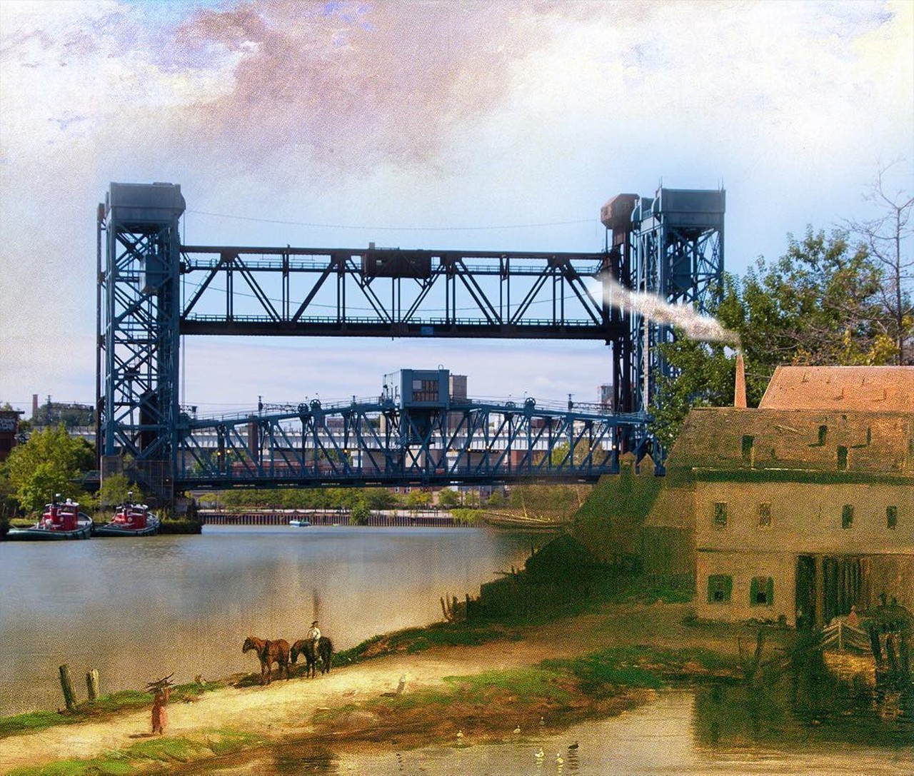 Cleveland, 1860/2016 - Ohio & Erie Canal, towpath, Weigh Lock and the Cuyahoga River, behind Tower City.