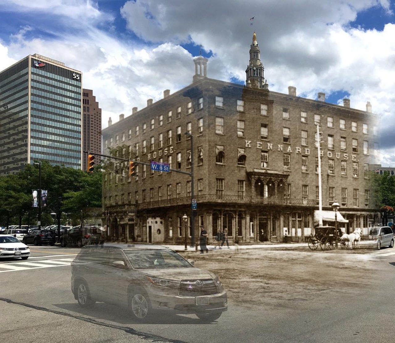 Cleveland, 1870s/2016 - Kennard House hotel on Bank St (W. 6th) and St. Clair.