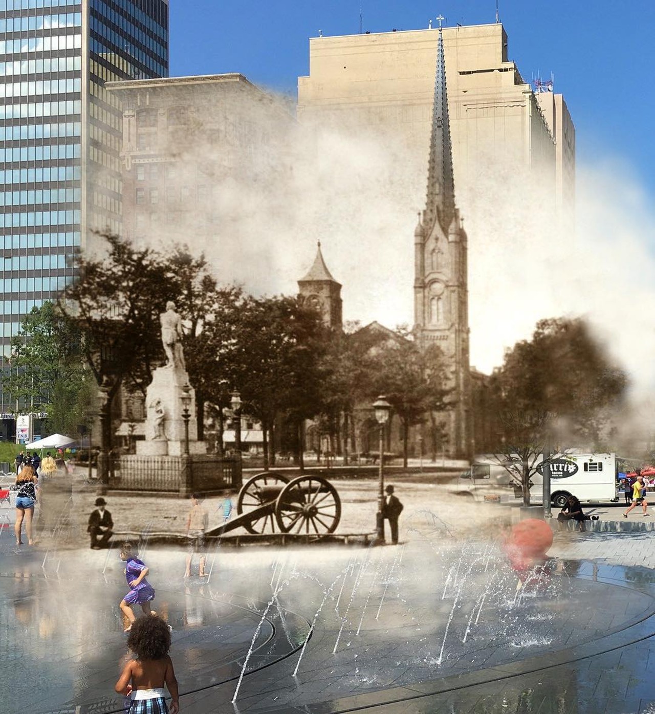 Cleveland, 1876/2016 - intersection of Ontario and Superior in Public Square.