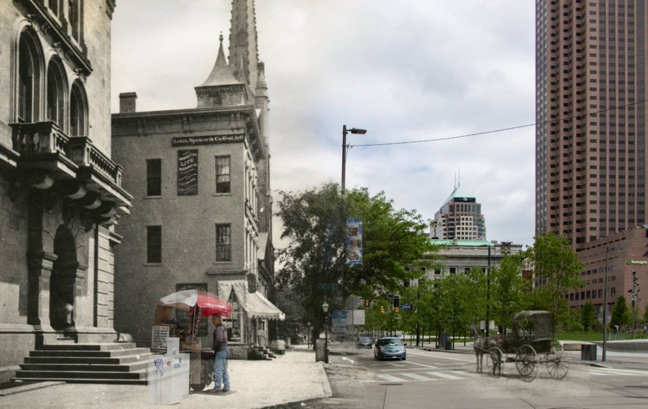  1870s/2017, Northwest Corner of Public Square, Old County Courthouse on the Far Left.