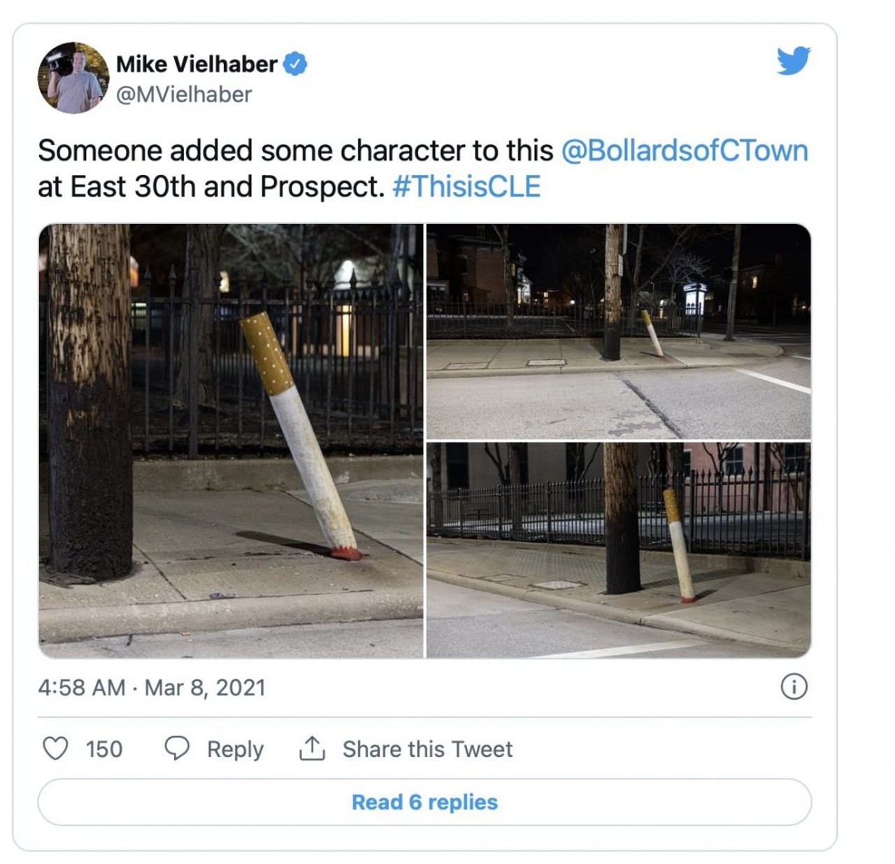  &#147;Behold This Cleveland Bollard Art&#148;
March 9th 
&#147;Captured by ace WEWS overnight news photographer Mike Vielhaber, this ingenious rogue bollard art can be seen at the corner of East 30th and Prospect. Bollard art!&#148;