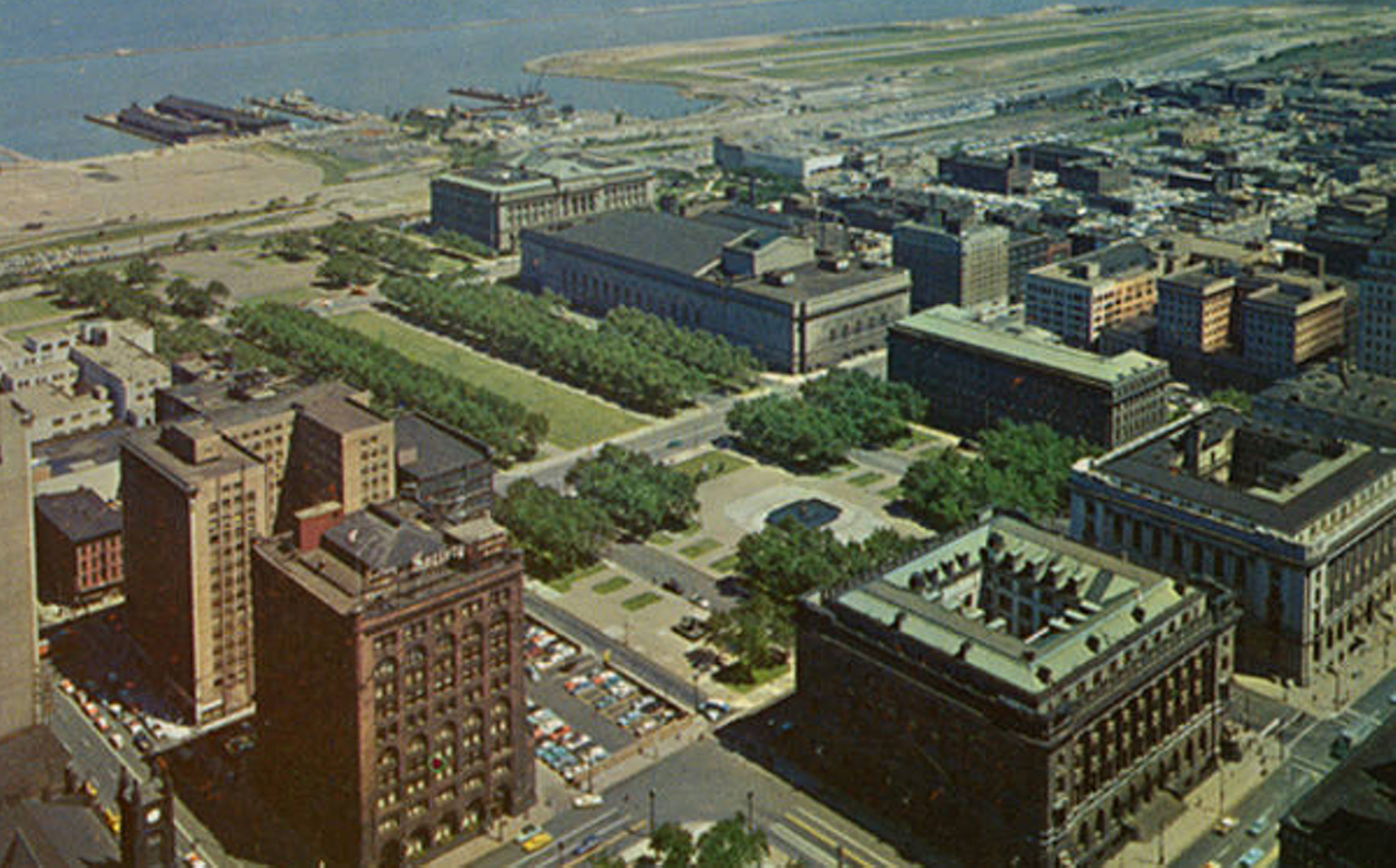 Cleveland's Mall, 1968, flanked by public buildings and business structures.