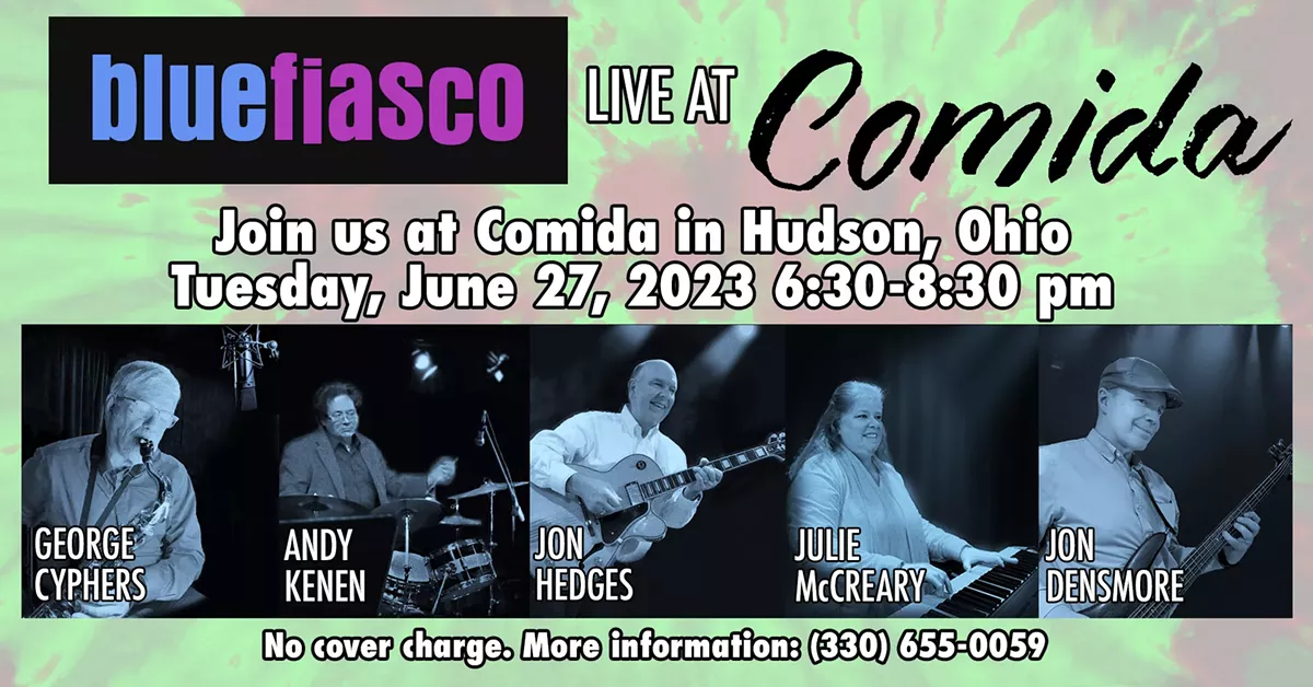 Blue Fiasco, a jazz quintet, plays 60s-70s-80s-90s classic rock reimagined as jazz at Comida, Hudson Ohio.