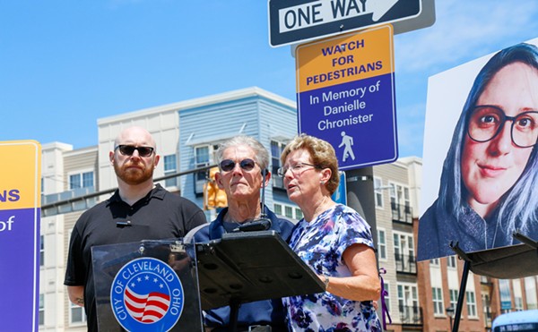 Dan Chronister, Bob Wood and Laura Wood, former husband and parents of the late Danielle Chronister, spoke at the commemoration of a sign alerting drivers to pedestrians on Thursday. Danielle was killed in November 2021 after being hit by a dump truck on East 21st and Chester.